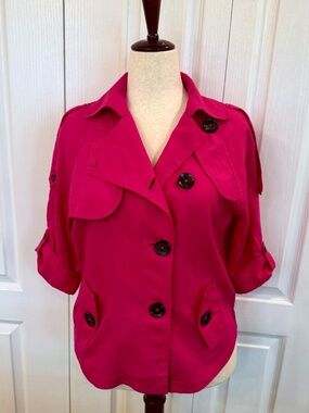 Woman's Chico's Size 2, US 12, 100% Linen Hot Pink Trench Jacket Roll-tab Sleeve